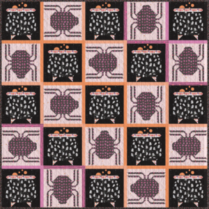 Halloween quilt featuring bubbling cauldrons and creepy spiders in black, purple, and orange prints.