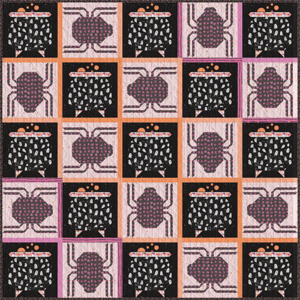 Halloween quilt featuring bubbling cauldrons and creepy spiders in black, purple, and orange prints.