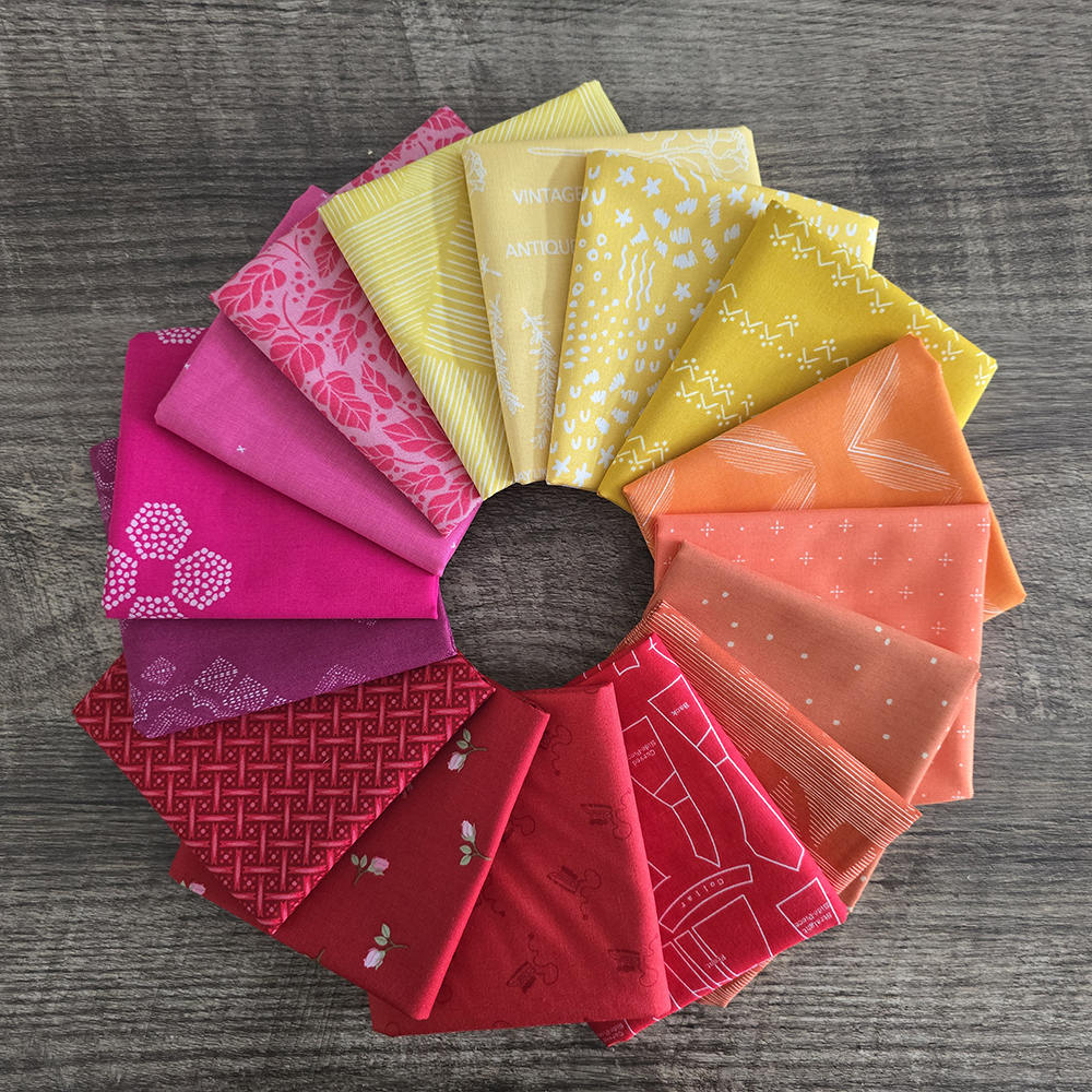 Warm Rainbow Mystery Bundle | Designer Fabrics in Pink, Red, Orange & Yellow | AGF & Riley Blake Cotton